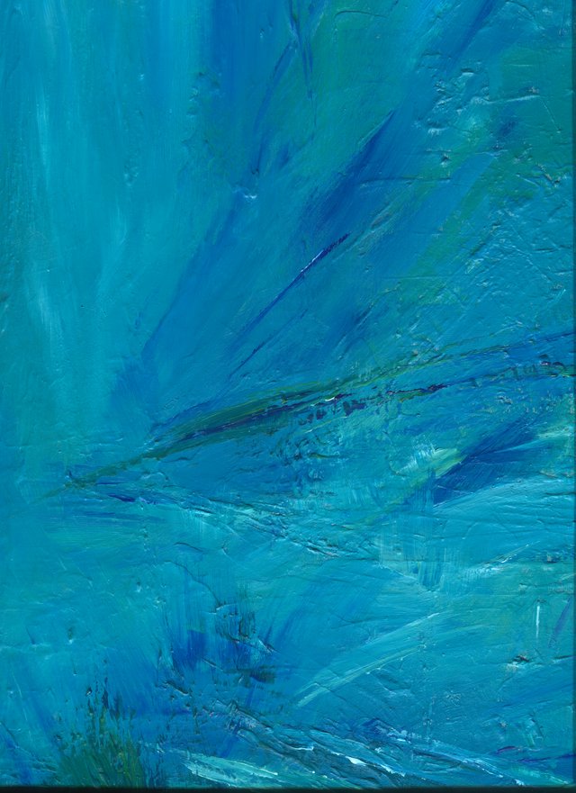 Abstract in turquoise and deep blue: sweeping diagonal strokes like wind-driven rain.