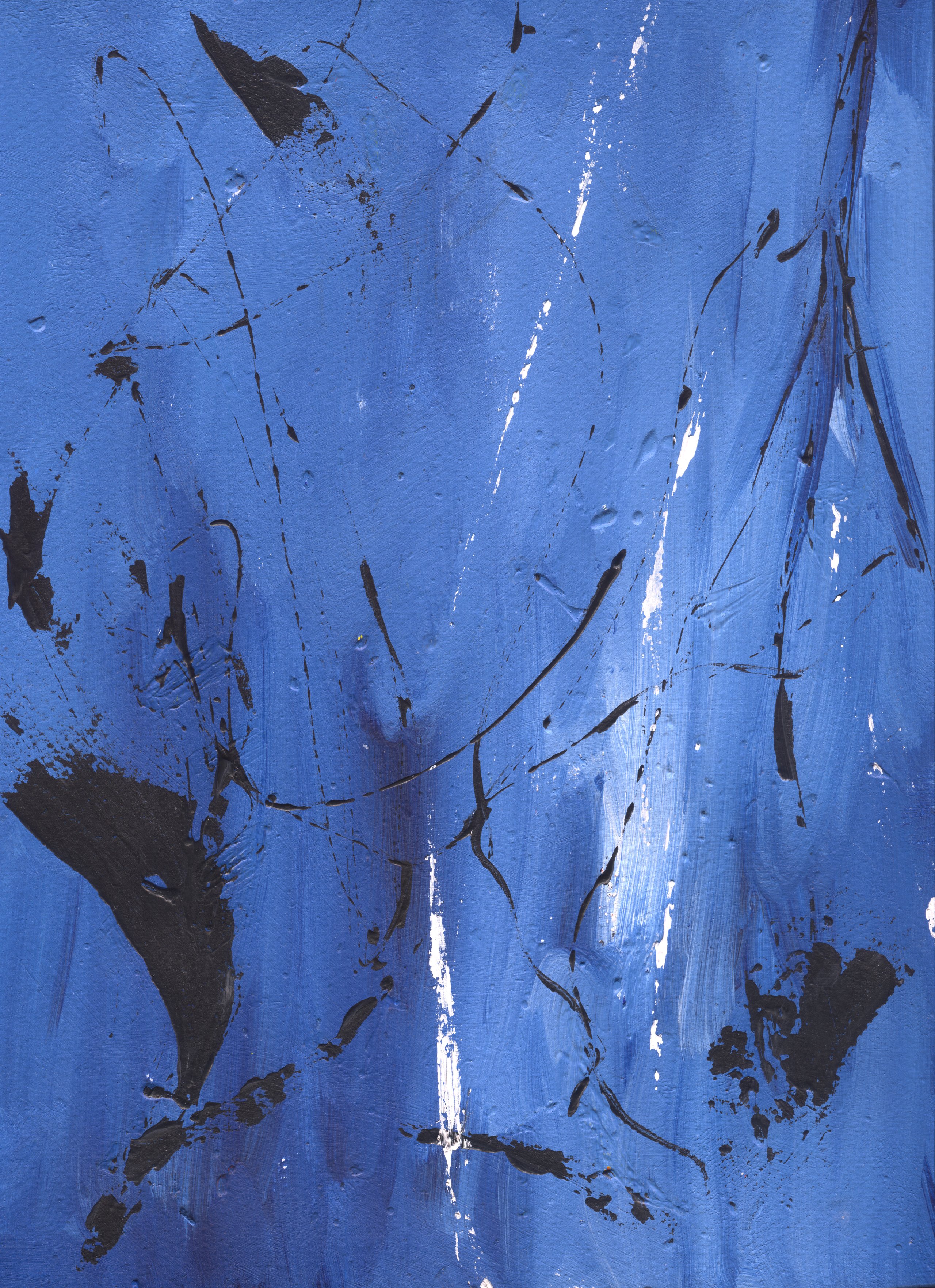 Abstract on deep blue: black streaks and white flecks scattered like sleet in the dark.
