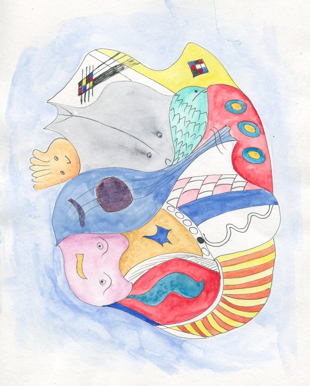 Weird and glorious curves and colours, smiling headgear