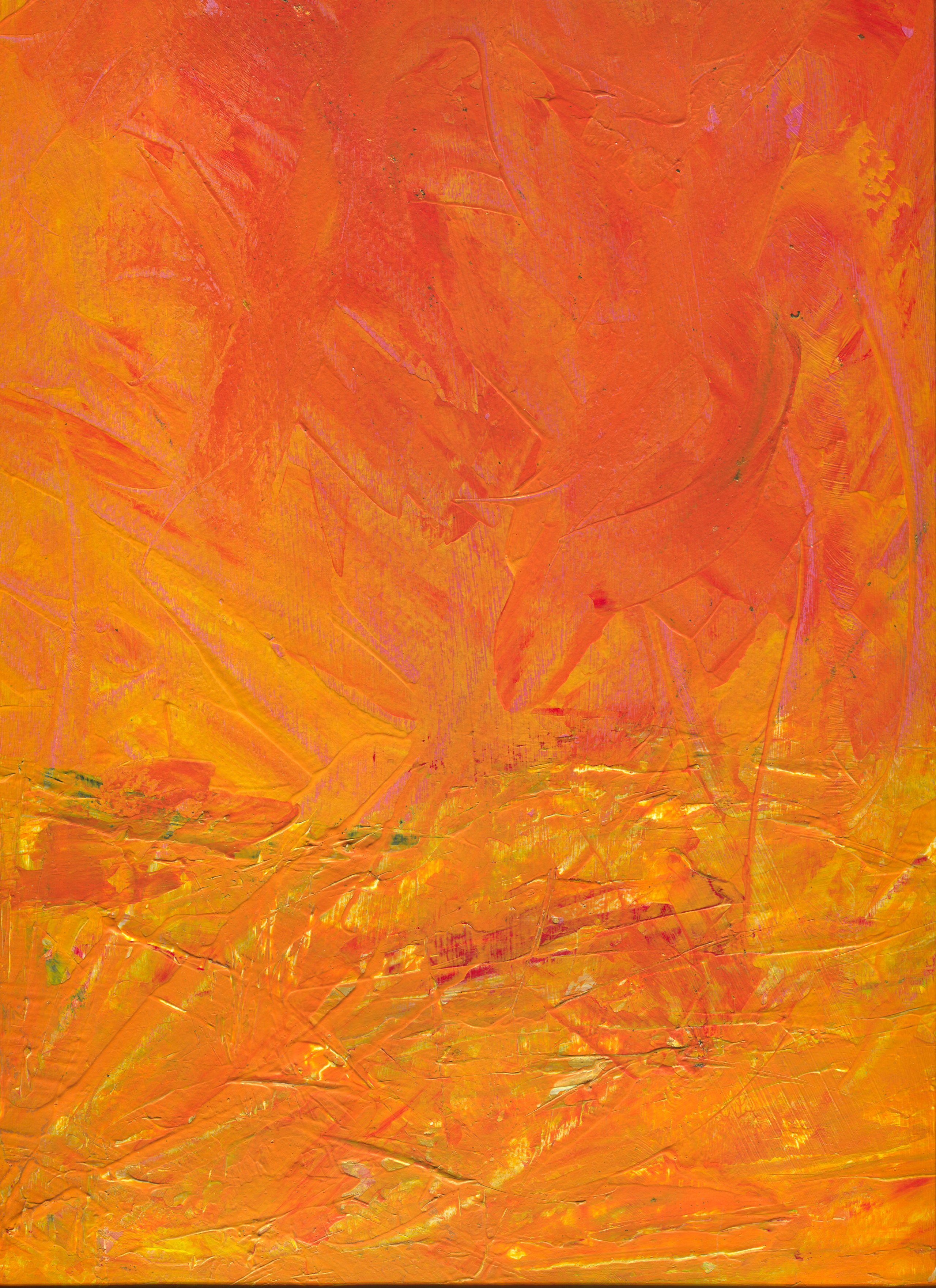 Abstract acrylic in oranges and yellows: golden strokes of wheat beneath a flame-coloured sky.